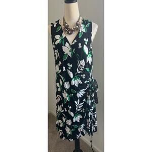 A New Day Faux Wrap Black White Green Floral Sleeveless Summer V-Neck Dress XXL